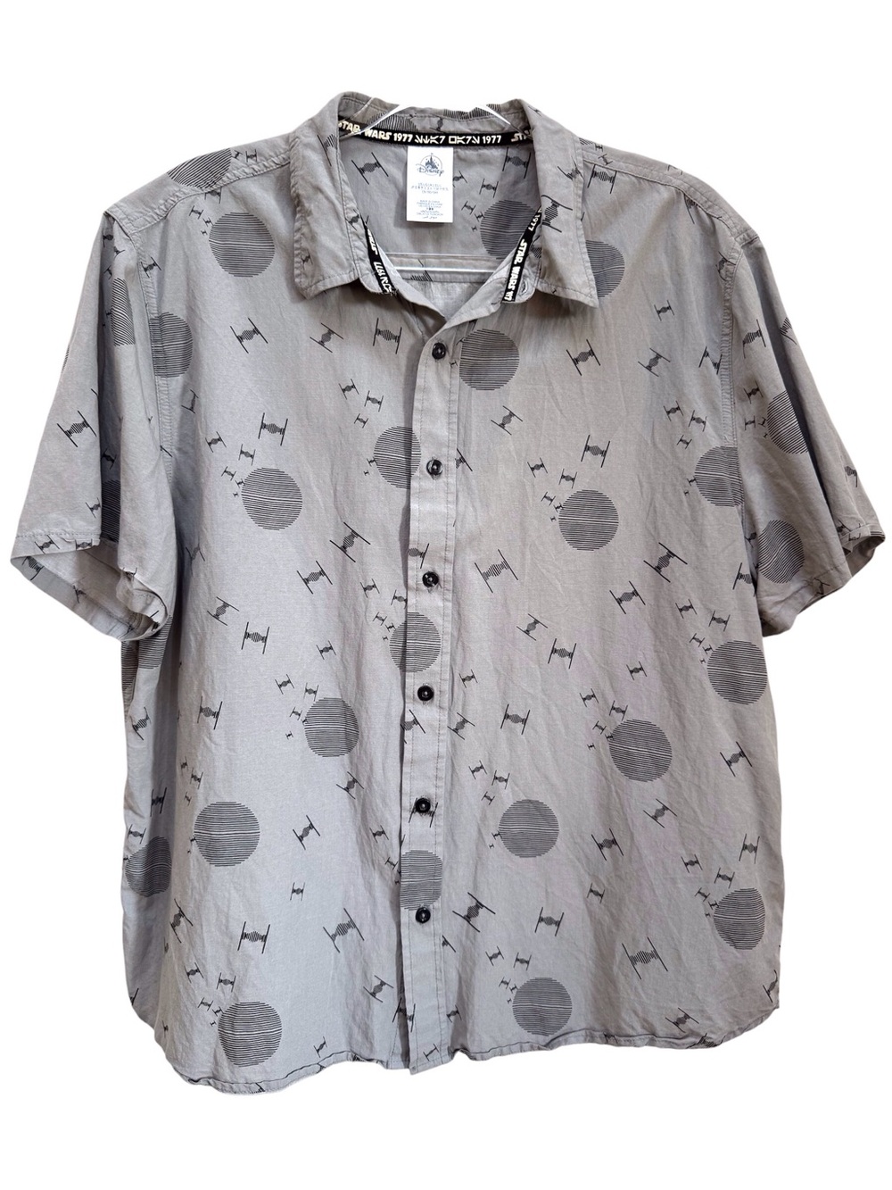 Disney Star Wars Death Star & TIE Fighter Print Button Up Shirt Nerd Dad